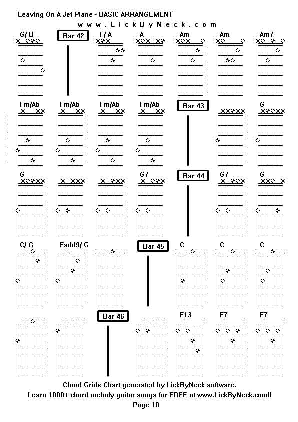 Chord Grids Chart of chord melody fingerstyle guitar song-Leaving On A Jet Plane - BASIC ARRANGEMENT,generated by LickByNeck software.